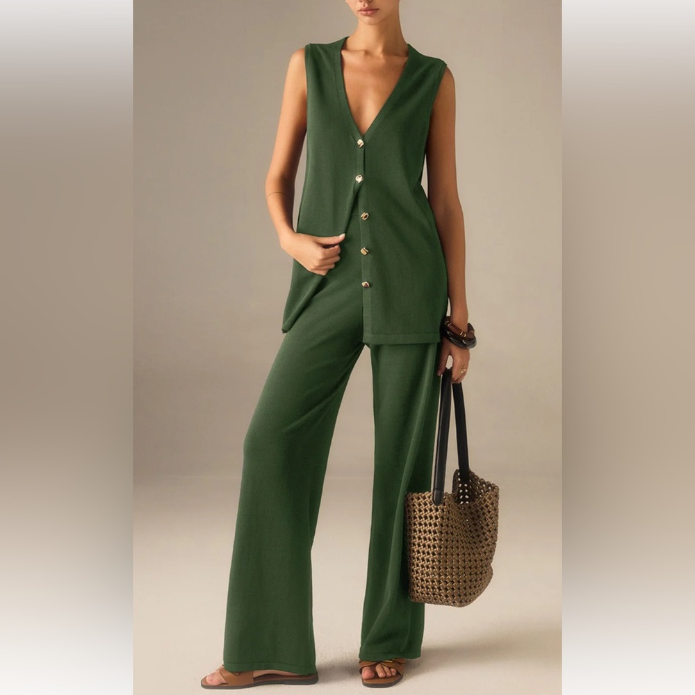 Golden Button Knit Vest Pants Set